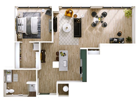 Floor plan for 1 bed, 1 bath, 1036 sqft